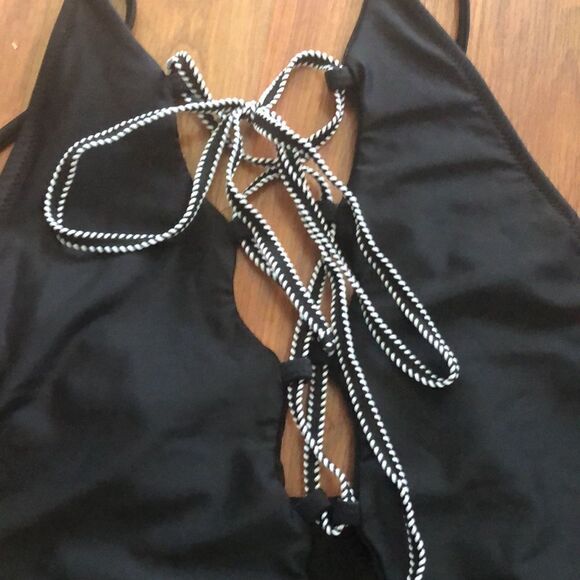 Vintage high cut 80s one piece bathing suit black M - Picture 2 of 5
